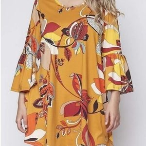 Plus Boho soft brushed floral print tunic top gold, turquoise size 2X